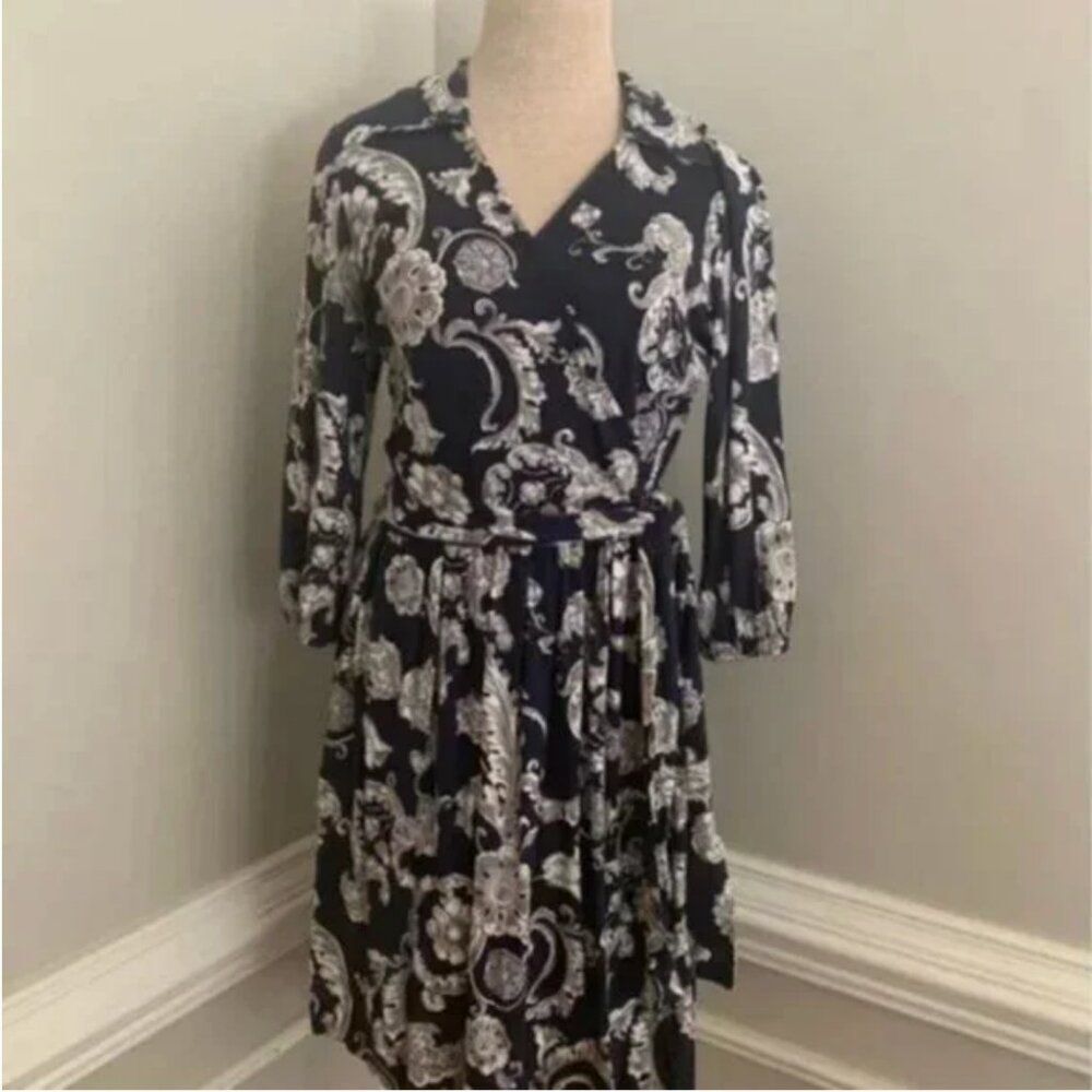 Talbots Silk Blend Faux Wrap Print Blue and Gray Dress Size 6P